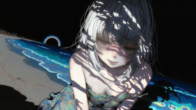 An anime-style illustration of a pale girl with white hair emerging from dark water, her face partially obscured by shadow patterns, with a dark horizon behind her.