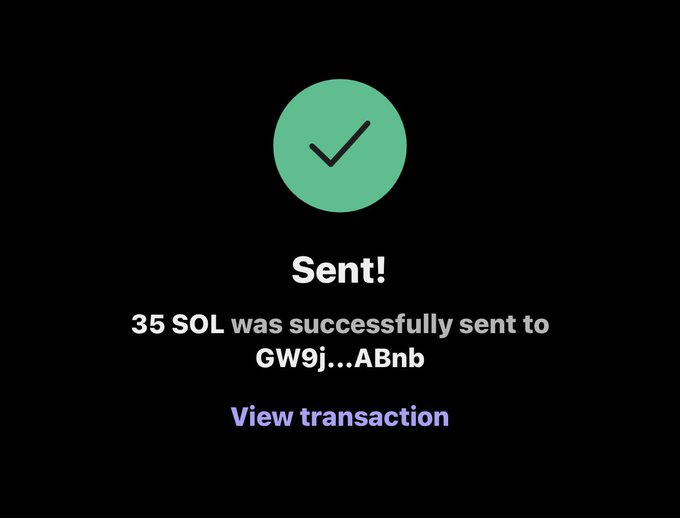 The image shows a black background with a green circle that has an "SENT!" message written inside of it, along with a thumbs up symbol. The text in the image reads "35 SOL was successfully sent to GW9J... ABN". This information is related to a post on social media or a website where someone has shared their experience of sending 35 SOL to another person using G9J.