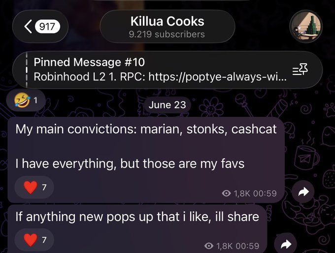 The image shows a Telegram channel "Killua Cooks" (917 group, 9,219 subscribers) where the pinned message #10 contains a Robinhood L2 RPC link, and a dated post from June 23 reads: "My main convictions: marian, stonks, cashcat. I have everything, but those are my favs," followed by a promise to share new picks. This directly supports the accompanying post's narrative about $CASHCAT, visually validating the caller's claim that he had identified CASHCAT as a top conviction before it reached a 1B market cap.
