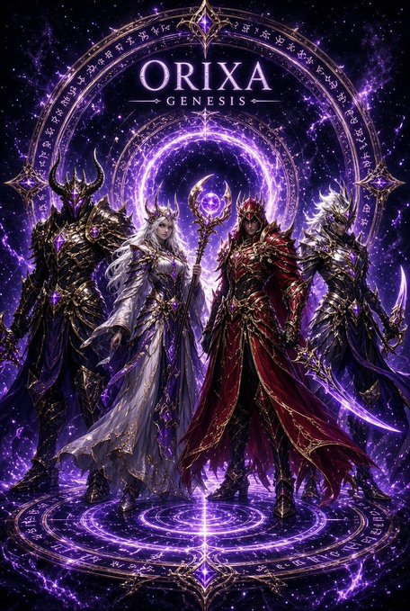 A fantasy digital artwork titled 'ORIXA GENESIS' featuring four elaborately armored warrior figures standing before a glowing purple magical circle with arcane symbols.