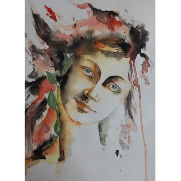 A watercolor painting of a woman's face with closed eyes, surrounded by expressive splashes of red, pink, green, and black.
