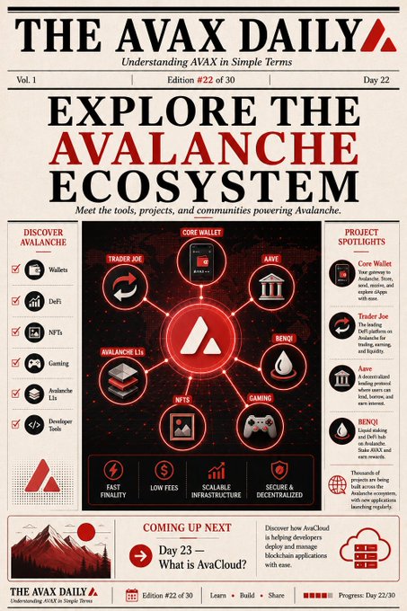 A digital newspaper titled 'THE AVAX DAILY' features the headline 'EXPLORE THE AVALANCHE ECOSYSTEM' and includes an infographic detailing the Avalanche network's core components and project spotlights.