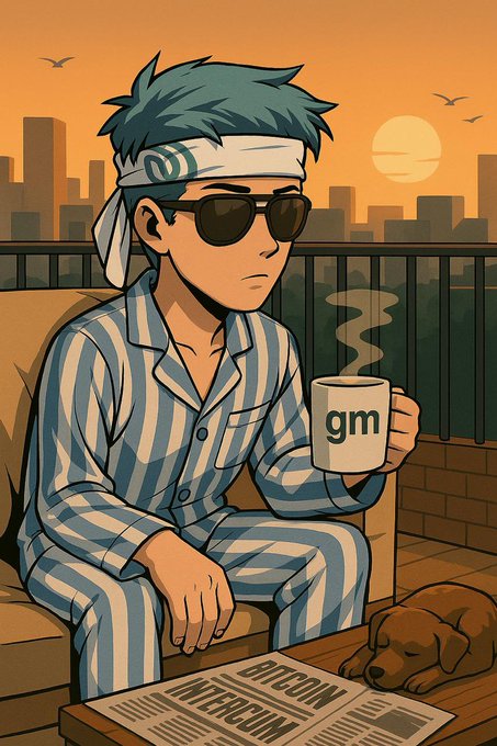 A stylized digital illustration of a young man in striped pajamas, sunglasses, and a headband holding a mug labeled "gm," with a newspaper titled "BITCOIN INTERCOM" and a sleeping dog nearby.