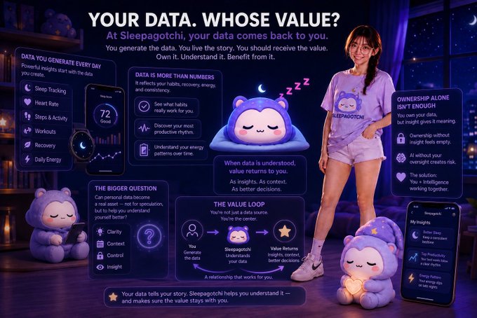 A Sleepagotchi promotional image titled "YOUR DATA. WHOSE VALUE?" featuring a woman in purple Sleepagotchi pajamas, the Sleepagotchi mascot, and infographics about data ownership, sleep tracking, heart rate, and the value loop.
