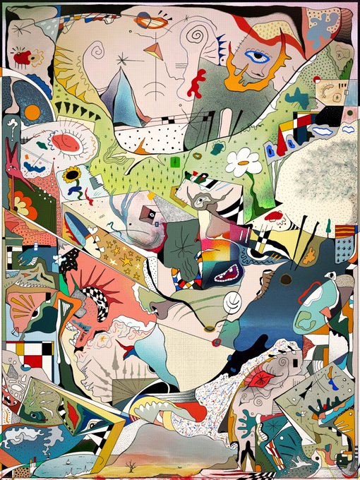A dense, surreal collage artwork titled "Altera Natura" filled with fragmented faces, abstract shapes, geometric patterns, and pop-art elements in vivid colors, with no visible text. The chaotic, dreamlike composition aligns with the NFT listing's promotional caption, which presents it as a limited edition (15) digital collectible.