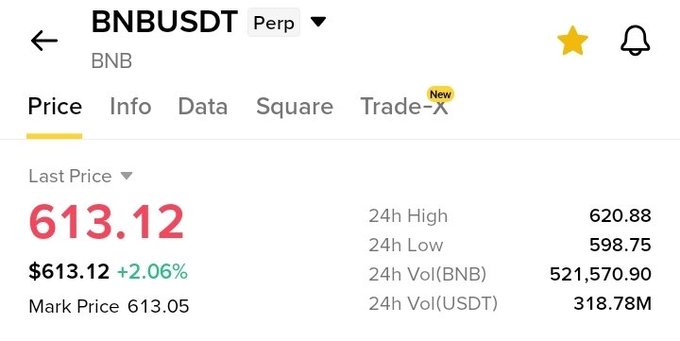 Trading interface displaying the BNBUSDT perpetual contract price at $613.12, up 2.06%, with a 24h high of 620.88, low of 598.75, and volume of 521,570.90 BNB.