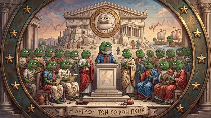 An AI-generated artwork in Renaissance fresco style showing Pepe the Frog figures gathered as philosophers and citizens in a classical Greek setting, with Greek text reading "Η ΛΕΓΕΩΝ ΤΩΝ ΣΟΦΩΝ ΠΕΠΕ" at the bottom.