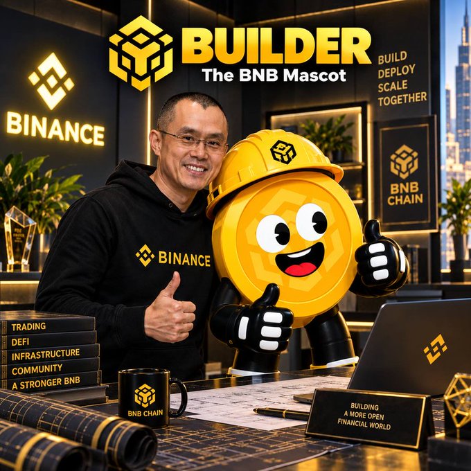 A promotional image for 'BUILDER The BNB Mascot' showing a man in a Binance hoodie giving a thumbs-up next to a yellow BNB coin mascot in an office setting.