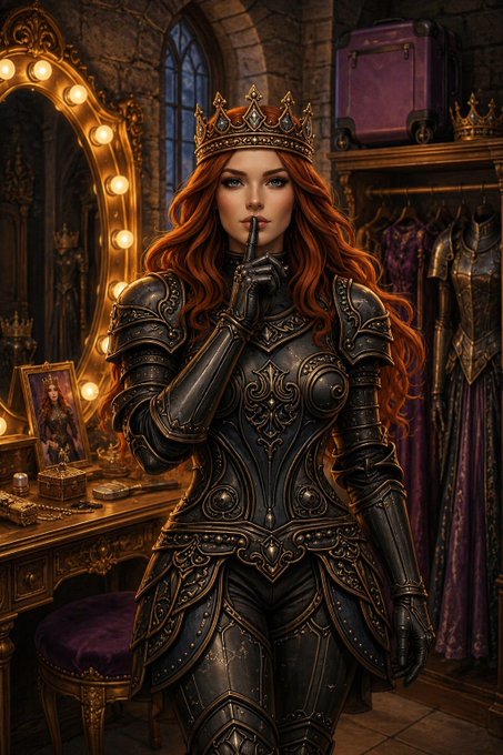 The image features a woman dressed in medieval armor standing in front of a vanity mirror with her hand over her mouth. The background includes a window, suggesting that she might be in a room or dressing area within a castle or palace setting. The caption reads "Happy Sunday Legends A new week is here. Be more intentional and less noisy. The market is bloody but money is being made. Talk less, pay more attention and take action."