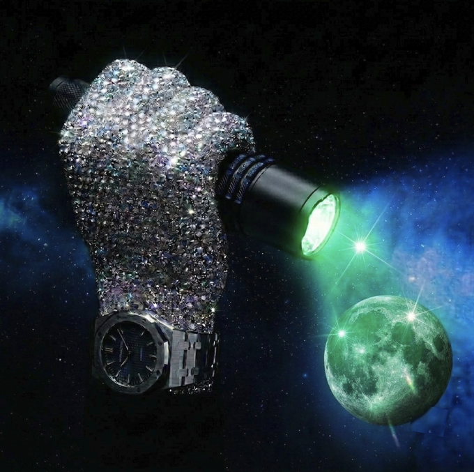 A glittery jewel-encrusted fist grips a flashlight that beams green light onto a glowing moon, set against a cosmic backdrop with a wristwatch at the wrist, symbolizing unwavering conviction and long-term holding strength in the crypto market.