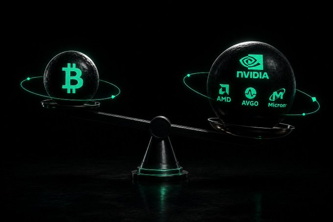 A glowing seesaw balances a Bitcoin sphere against a heavier sphere bearing NVIDIA, AMD, AVGO, and Micron logos, visually illustrating the post's point that AI tokens now trade on semiconductor sentiment rather than solely following BTC's lead. The scale's tilt toward the chip stocks captures how NVDA and AI-sector catalysts have become as influential as Bitcoin for altcoin momentum.