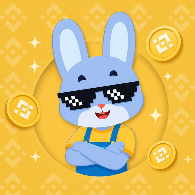 A cartoon illustration of a blue bunny wearing pixelated 'deal with it' sunglasses and blue overalls over a yellow shirt, surrounded by Binance (BNB) coins against a yellow patterned background.