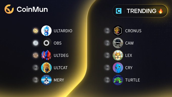 CoinMun Trending cryptocurrency ranking displaying top tokens: ULTARDIO, OBS, ULTDEG, ULTCAT, MERY, CRONUS, CAW, LEX, CRY, and TURTLE.