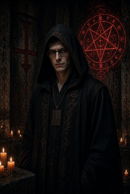 A hooded figure in dark robes with occult symbols standing in a candle-lit chamber, featuring a glowing red pentagram sigil in the background.
