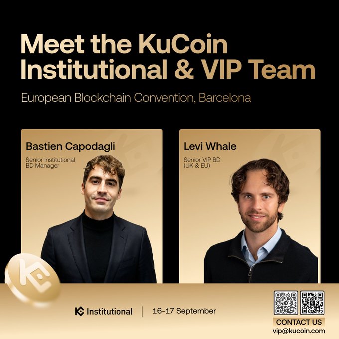 A promotional graphic titled 'Meet the KuCoin Institutional & VIP Team' for the European Blockchain Convention in Barcelona, featuring photos of Bastien Capodagli (Senior Institutional BD Manager) and Levi Whale (Senior VIP BD).