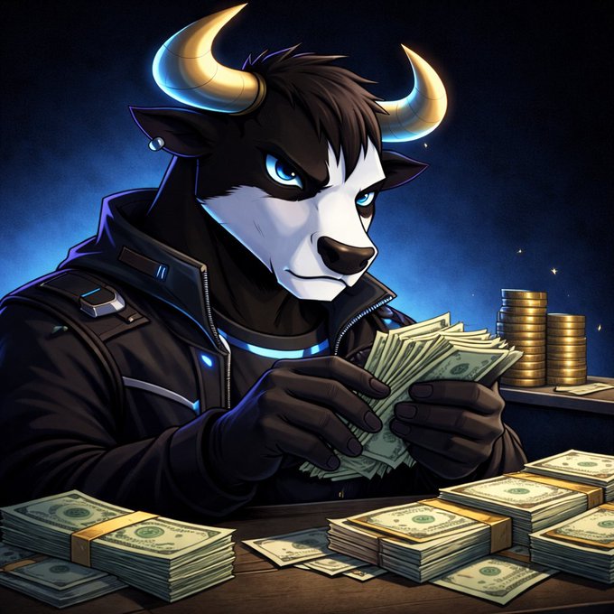 An illustration of a bull character with glowing horns wearing a black jacket, counting stacks of cash and coins in a dimly lit setting.