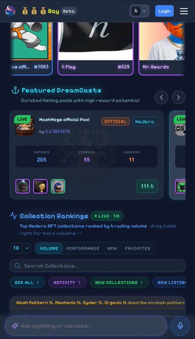 A dark-themed NFT marketplace interface labeled 'Bay Geto' with sections for Featured Items (#1083, #529), Featured DreamCasts (showing a HashMogs officialPool with 205 gachons, 55 keepers, 11 owners), and Collection Rankings with tabs for Volume, Performance, and Favorites.