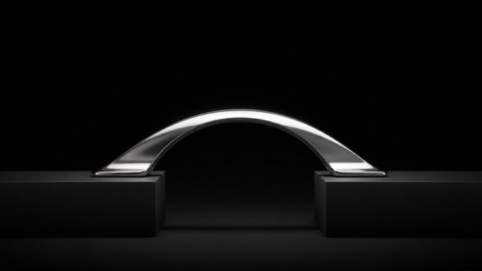 A sleek, arched metallic handle connecting two black blocks against a black background.