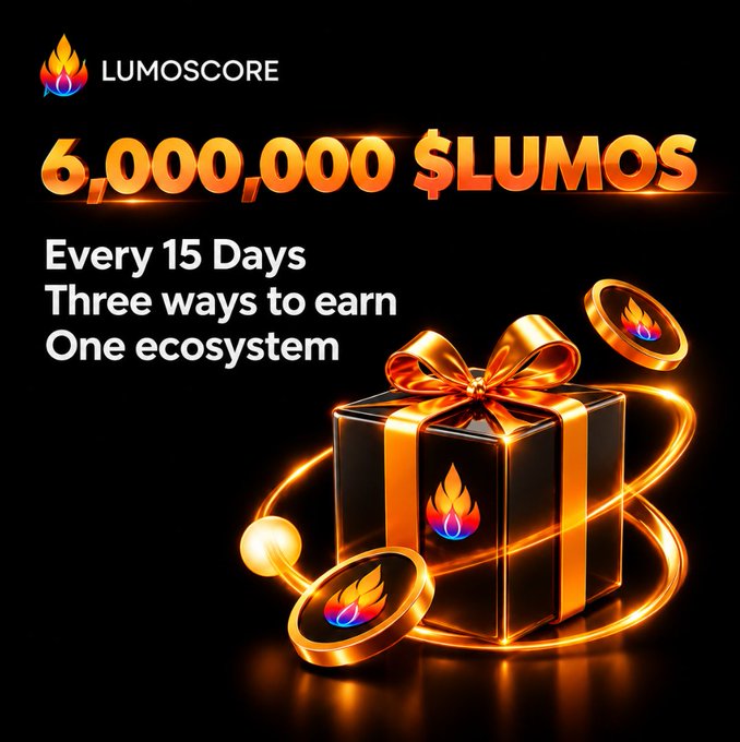 Promotional graphic for 'LUMOSCORE' featuring a glowing black and gold gift box with the Lumos flame logo, advertising '6,000,000 $LUMOS' distributed 'Every 15 Days' with 'Three ways to earn, One ecosystem'.