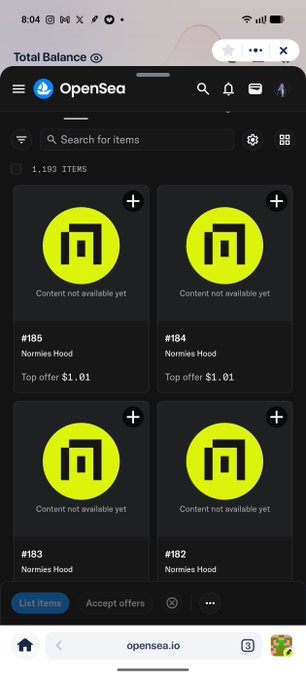 A screenshot of the OpenSea mobile interface displaying an NFT collection page with "1,193 ITEMS," featuring four Nomies Hood NFTs (#182, #183, #184, #185) with content not yet available and top offers of $1.01 and $1.01, matching the post showcasing acquired items from the @normieshood collection.