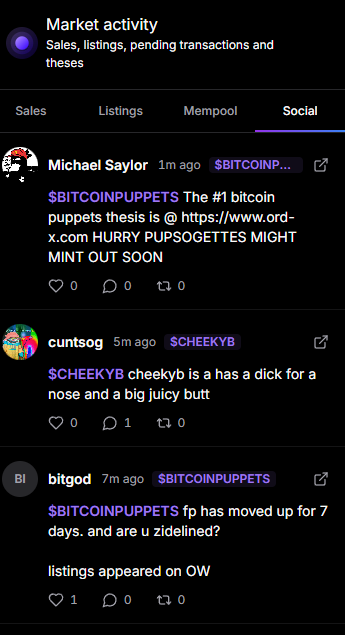 A cryptocurrency marketplace social feed showing posts from Michael Saylor ($BITCOINPUPPETS), cuntsog ($CHEEKYB), and bitgod ($BITCOINPUPPETS) discussing token listings and rankings.