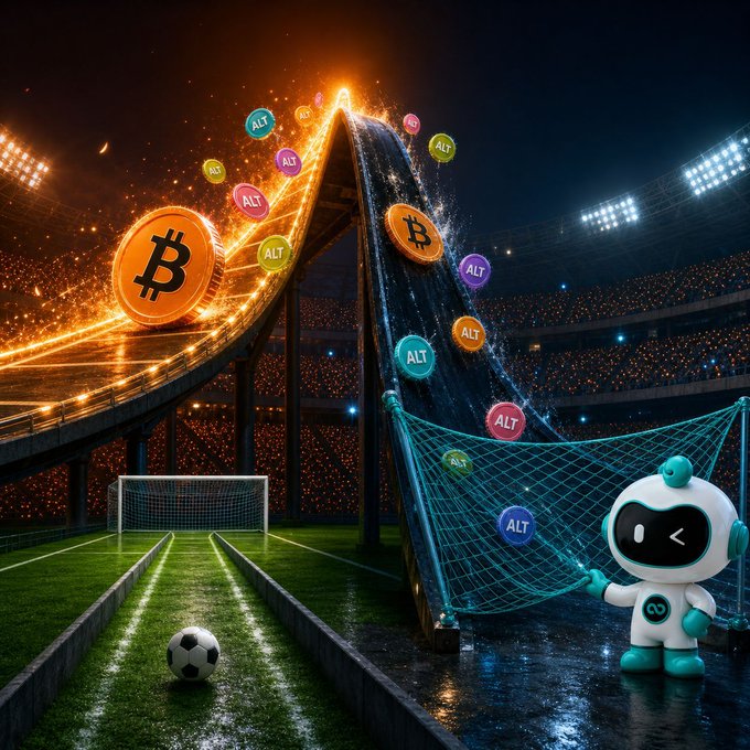 A futuristic stadium scene depicts a thrilling "match" between Bitcoin and altcoins, visualized as glowing Bitcoin coins soaring up a fiery ramp while colorful "ALT" tokens hurtle down a blue slide toward a goal net, with a small robot standing beside a soccer ball on the field—symbolizing the post's message about BTC stability versus altcoin hype and the need to manage risk during euphoric market swings.