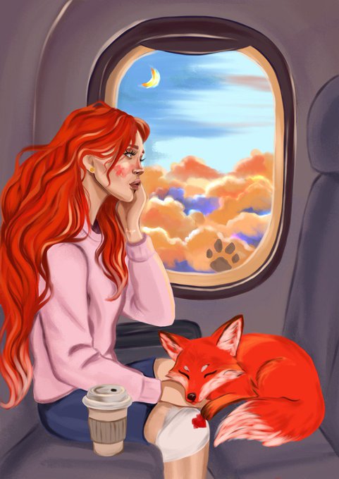 A digital illustration of a red-haired woman with freckles gazing out an airplane window at sunset clouds and a crescent moon, with a sleeping red fox and a coffee cup beside her.
