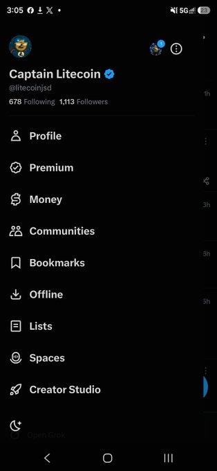 A screenshot of the Twitter/X mobile app sidebar showing the profile menu for 'Captain Litecoin' (@litecoinjsd) with 678 Following and 1,113 Followers.