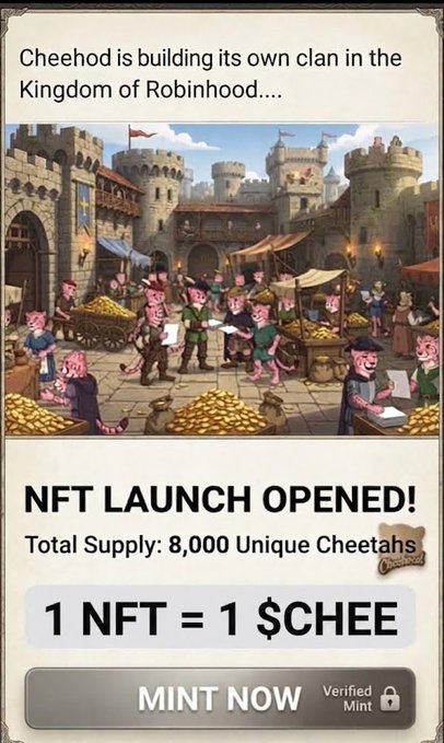 A promotional NFT launch graphic featuring animated cheetah characters in a medieval marketplace, advertising the 'Kingdom of Robinhood' with text announcing 'NFT LAUNCH OPENED! Total Supply: 8,000 Unique Cheetahs' and '1 NFT = 1 $CHEE' with a 'MINT NOW' button.