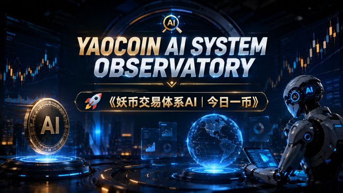 A futuristic digital observatory graphic featuring a robot analyzing holographic market data, a glowing AI coin, and a globe, with the text "YAOCOIN AI SYSTEM OBSERVATORY" and "《妖币交易体系AI | 今日一币》" displayed prominently. The image visually represents the post's Meme Coin Trading System AI theme, depicting advanced AI-driven crypto market analysis for shorting meme coins.