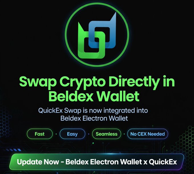 A Beldex Wallet promotional graphic announcing that QuickEx Swap is now integrated into the Beldex Electron Wallet, allowing users to swap crypto directly with features being Fast, Easy, Seamless, and requiring No CEX.