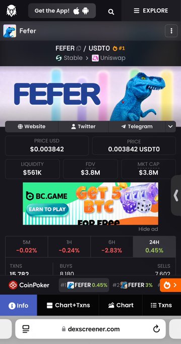Screenshot from Dexscreener showing the FEFER/USDT0 token with a price of $0.003842, $561K liquidity, $3.8M FDV and market cap, featuring a dinosaur mascot.