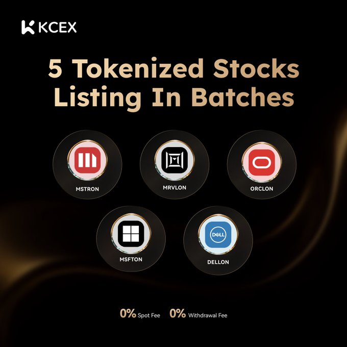 KCEX announces the initial listing of 5 tokenized stocks—MSTRON, MRVLON, ORCLON, MSFTON, and DELLON—with 0% spot and withdrawal fees, mirroring the post's details on zero-fee trading and the August 1, 2026 launch.