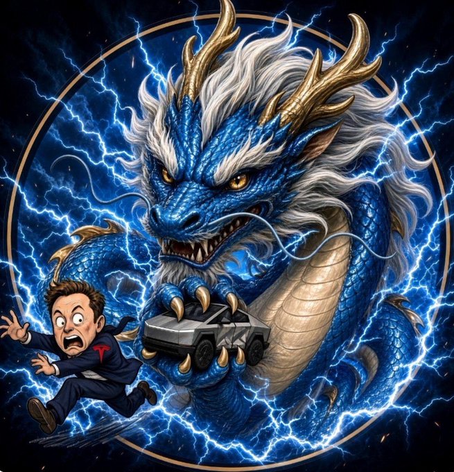 A digital illustration depicts Elon Musk running in fear from a giant blue Chinese-style dragon holding a Tesla Cybertruck, surrounded by blue lightning bolts, referencing the Tesla brand logo.