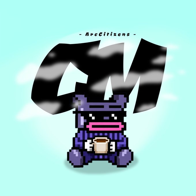 A pixel-art blue character with a mustache holds a coffee mug beneath large black cloud-like letters spelling "GM," with the text "- ArcCitizens -" above. The whimsical "Good Morning" graphic complements the post's announcement of ArcCitizens as the first community-owned marketplace launching with 10,000 on-chain identities for the Arc ecosystem.