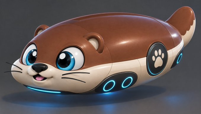 A 3D-rendered cartoon image of a brown and cream otter-themed car with large blue eyes, a paw print emblem, and glowing blue wheels on a dark background.