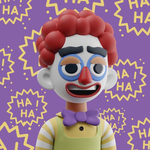 3D rendered cartoon clown character with red curly hair, blue eye makeup, and a purple bow tie, set against a purple background with yellow 'HA HA' speech bubbles.