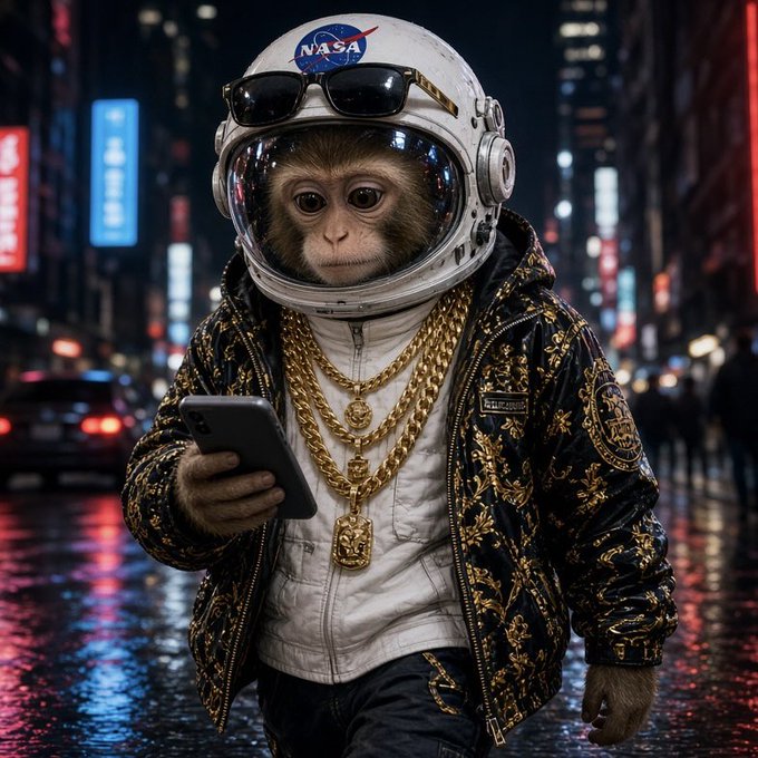 A stylized, AI-generated image shows a monkey wearing a NASA astronaut helmet, gold chains, and an ornate black and gold jacket, holding a smartphone in a neon-lit city street.
