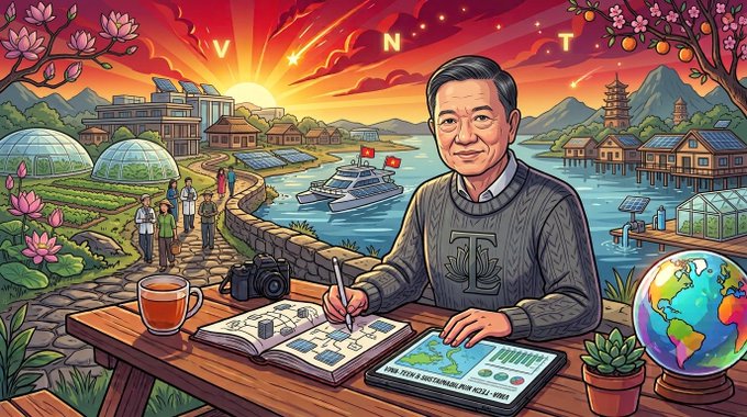 A vibrant illustrated scene shows a man writing in a notebook at a desk with a globe, camera, and plant, while a scenic background features 'VNT' text, modern buildings, greenhouses, boats with flags, and a pagoda.
