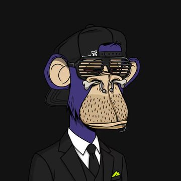 A digital illustration of a blue Bored Ape-style monkey wearing a black cap, sunglasses, and a black suit with a green lapel pin against a dark background.