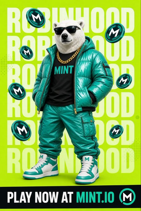 A promotional poster featuring a white dog wearing sunglasses, a gold chain, and a green puffer jacket, surrounded by 'M' coin logos against a bright green background, with the text 'ROBINHOOD', 'MINT', and 'PLAY NOW AT MINT.IO'.