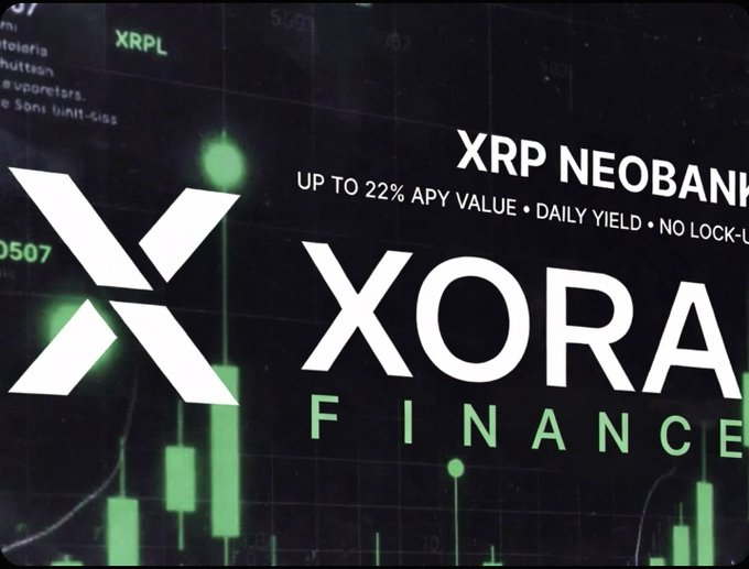 A promotional graphic for 'XORA FINANCE' featuring the XRP logo, advertising an 'XRP NEOBANK' service with 'UP TO 22% APY VALUE • DAILY YIELD • NO LOCK-U...' displayed over a green candlestick chart background.