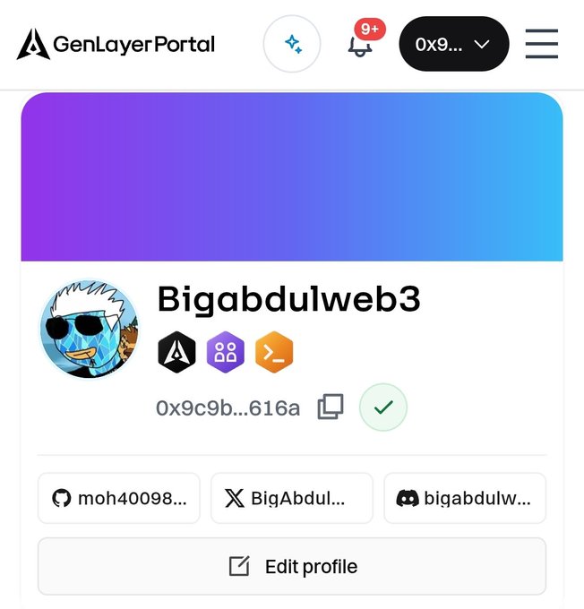 A GenLayer Portal profile page for user "Bigabdulweb3" with address 0x9c9b...616a, showing connected accounts including moh40098, BigAbdul, and bigabdulw.