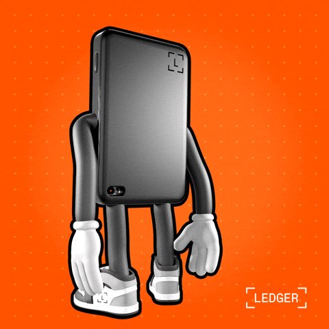 The image features a cartoon-like character with legs, arms, and hands that resemble a person wearing white gloves and shoes. This character appears to be standing against an orange background, which could be interpreted as a pattern or a backdrop for the image. The caption "ledger" is written in black text at the bottom of the image, indicating it might be related to Ledger ledger software.