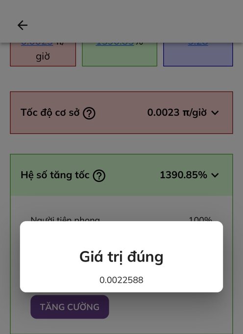 Vietnamese-language app interface showing mining parameters including 'Tốc độ cơ sở' (Base rate) of 0.0023 π/giờ and 'Hệ số tăng tốc' (Acceleration factor) of 1390.85%, displaying a value of 0.0022588.