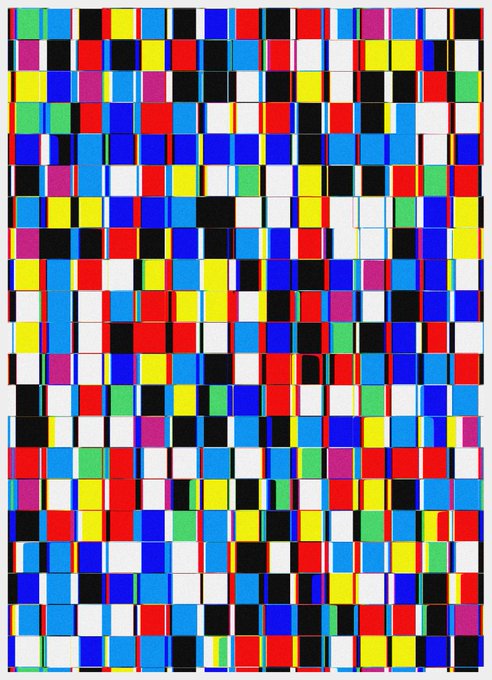 A colorful abstract geometric pattern composed of numerous small squares in red, blue, yellow, green, white, and black, arranged in a grid-like structure resembling a Mondrian-style composition.