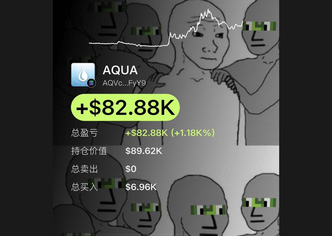 A crypto/investment portfolio screen showing AQUA (AQVc..FyY9) with a gain of +$82.88K (+1.18K%), total holdings of $89.62K, against a background of 'soyjak' meme characters.
