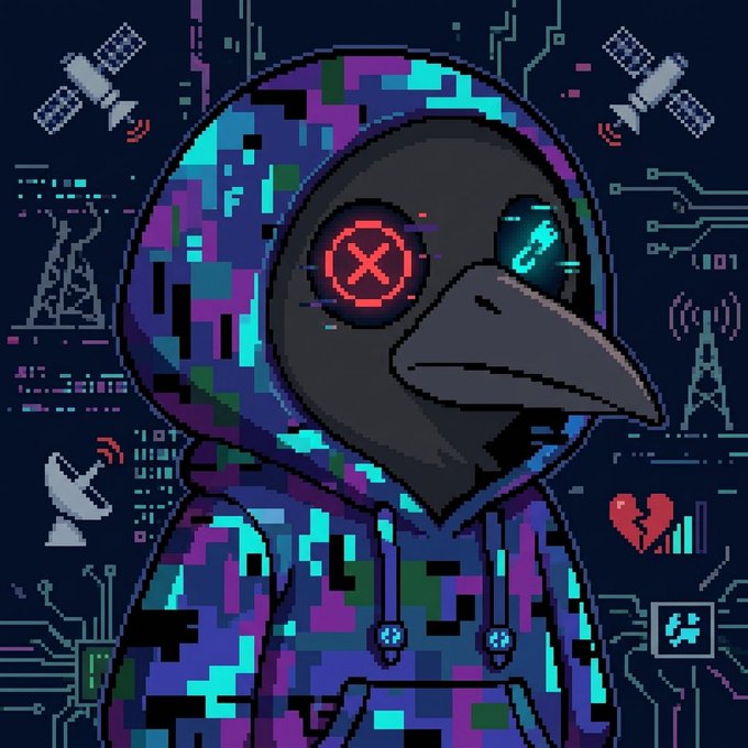 A pixel art style illustration of a hooded figure wearing a plague doctor mask with a red 'X' in one eye, surrounded by circuit board patterns and satellite icons.