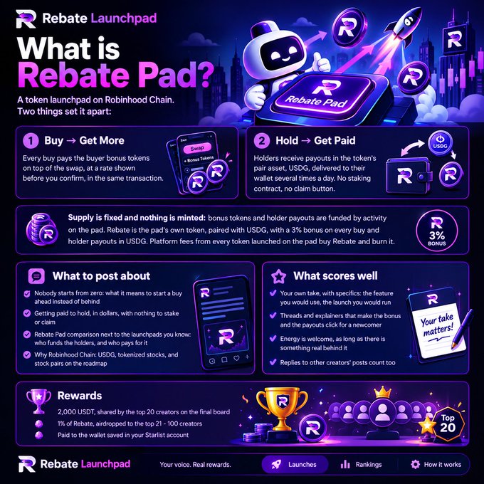 Rebate Launchpad infographic explaining the 'Rebate Pad' token launchpad on Robinhood Chain, detailing buy bonuses, holder payouts, and content creator rewards.