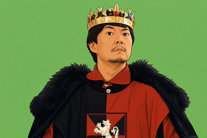 An illustration of an Asian man wearing a crown and a red and black royal garment with a lion emblem, set against a green background.